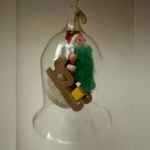 Vintage Handcrafted Clear Glass Bell Ornament Diorama Wood Santa in Sleigh OOAK